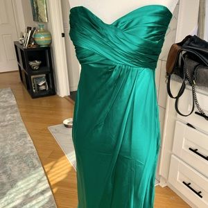 Emerald green satin strapless statement dress